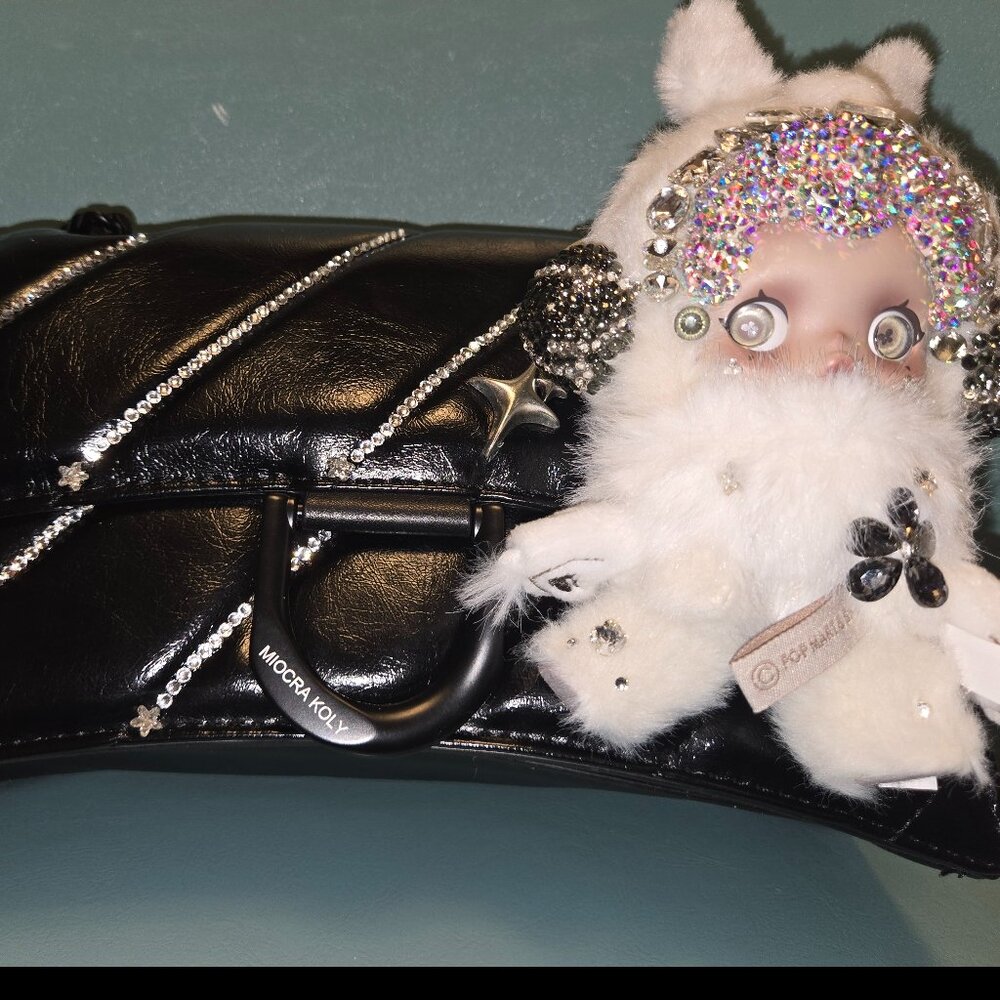 Black Hourglass Quilted Shoulder Bag- Embellished with Skullpanda "Mist"